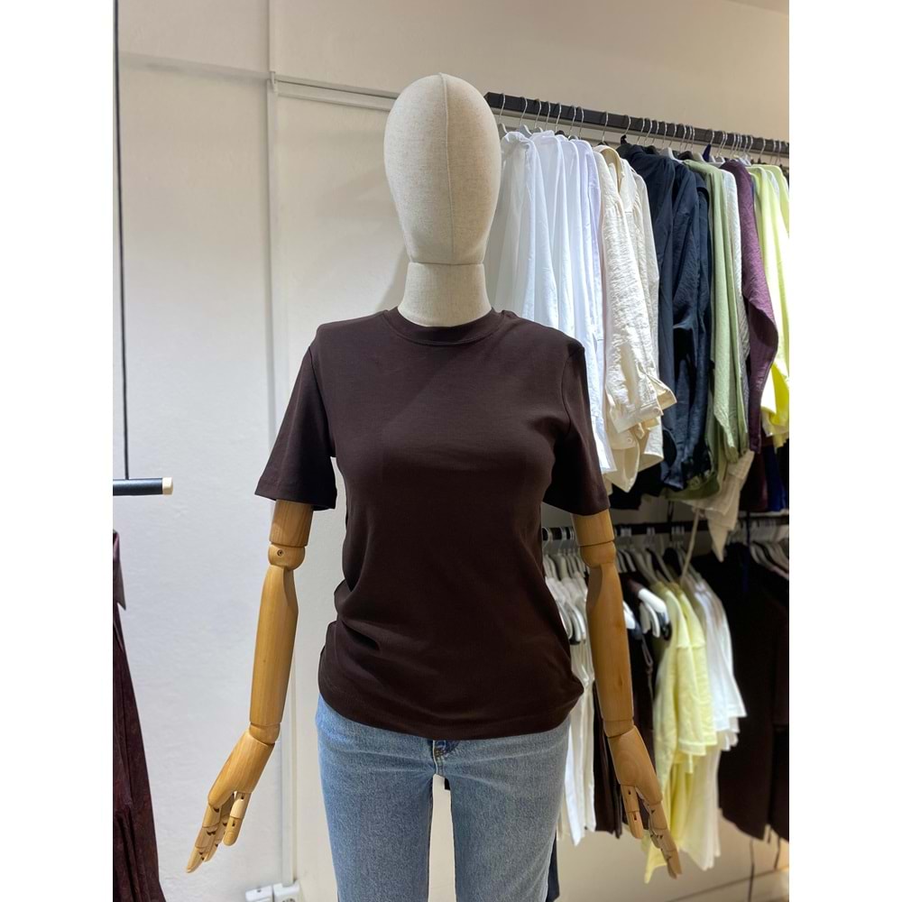 Pamuk Bisiklet Yaka Kadın Kahverengi T-shirt S Beden