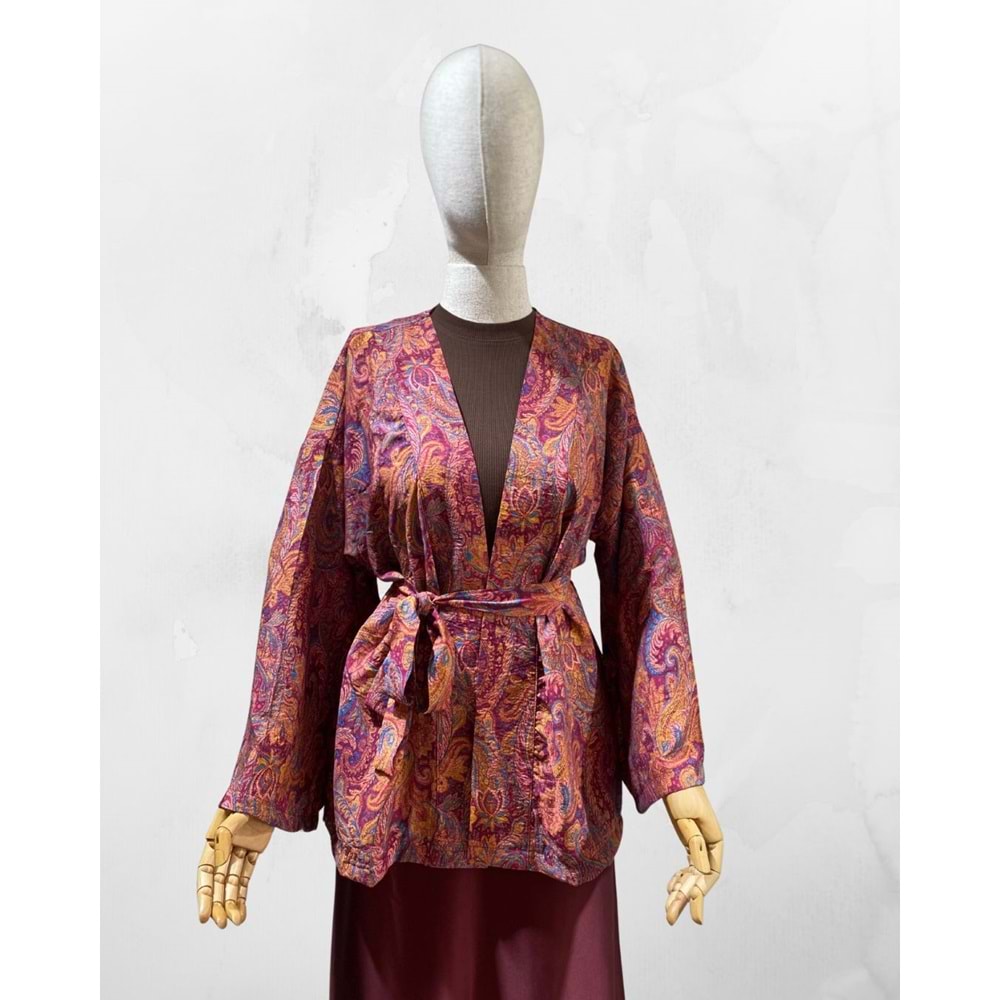 Desenli Kuşaklı Bordo Kimono Standart