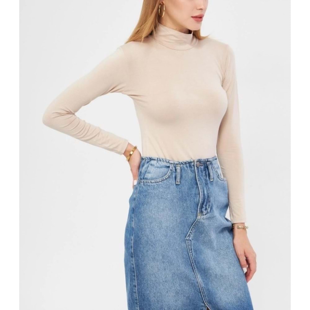 Pamuk Uzun Kollu Balıkçı Yaka Bej Kadın Pamuk Body