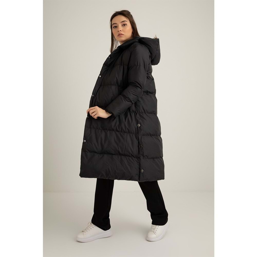 Çıtçıtlı Uzun Şişme Kadın Mont Siyah