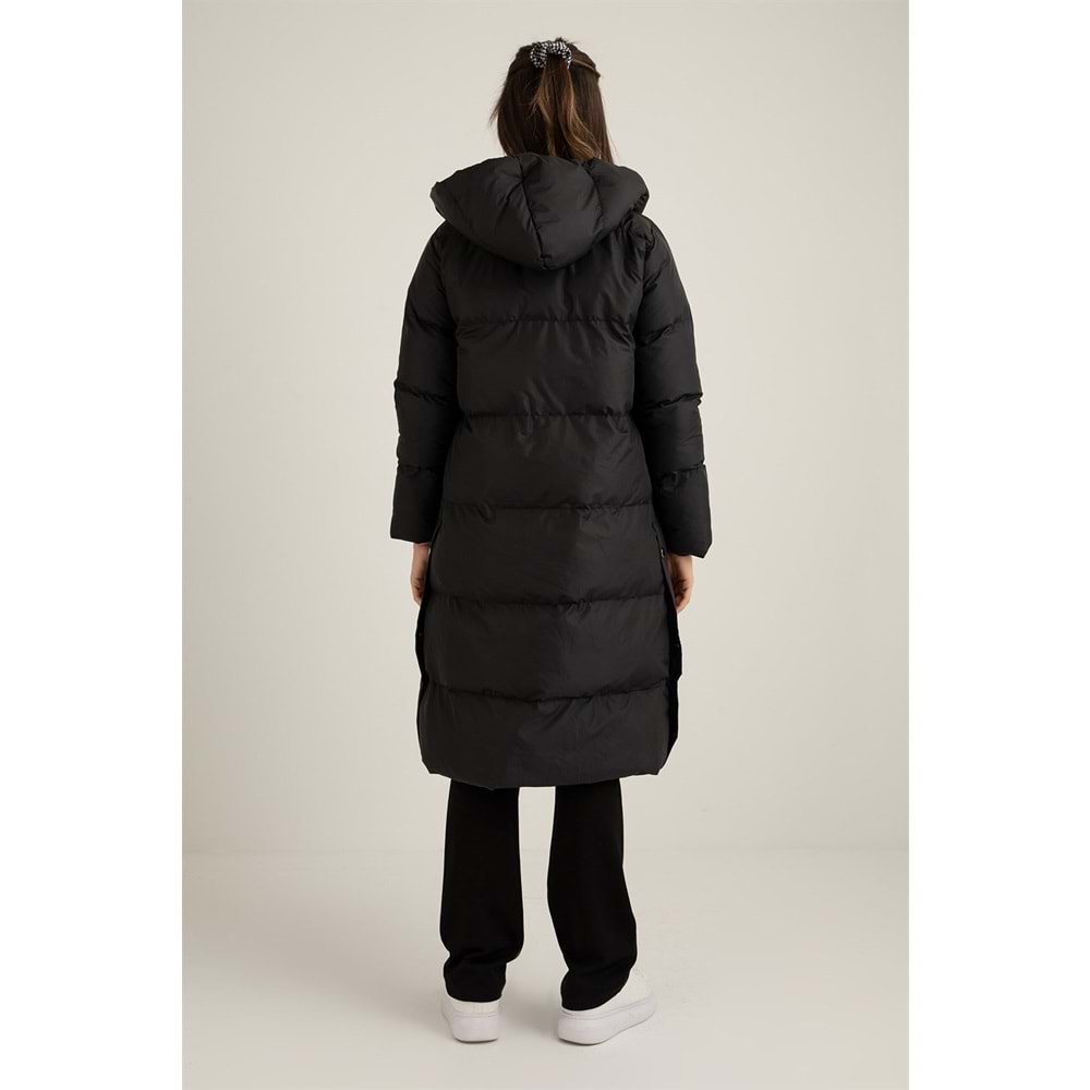 Çıtçıtlı Uzun Şişme Kadın Mont Siyah 42 Beden