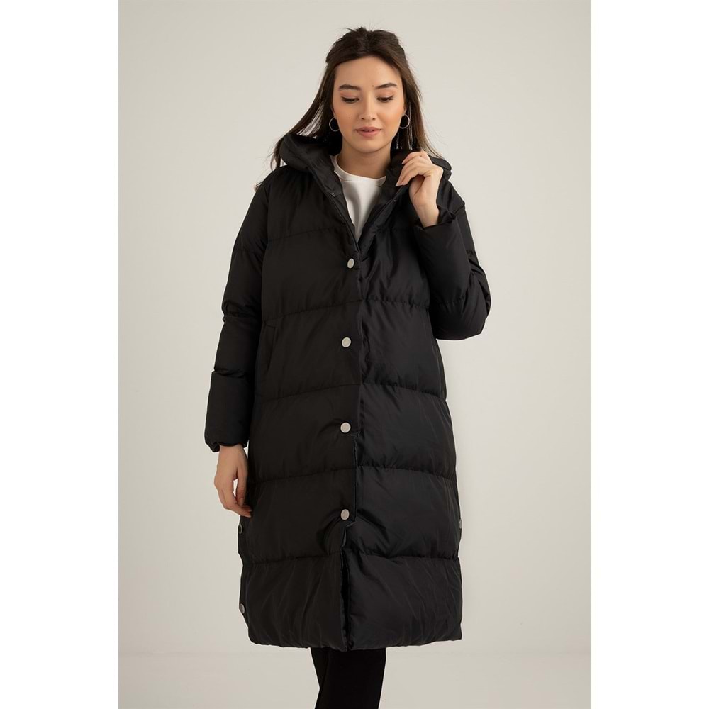 Çıtçıtlı Uzun Şişme Kadın Mont Siyah 48 Beden