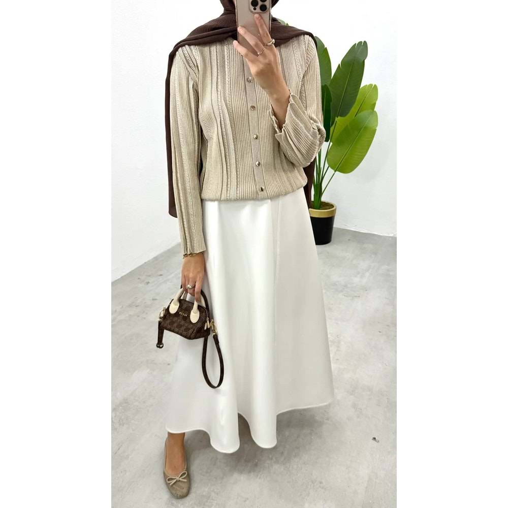 Simli Gold Düğmeli Triko Bej Hırka