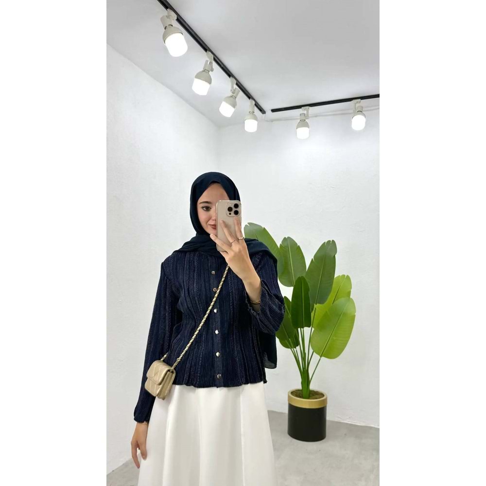 Simli Gold Düğmeli Triko Lacivert Hırka