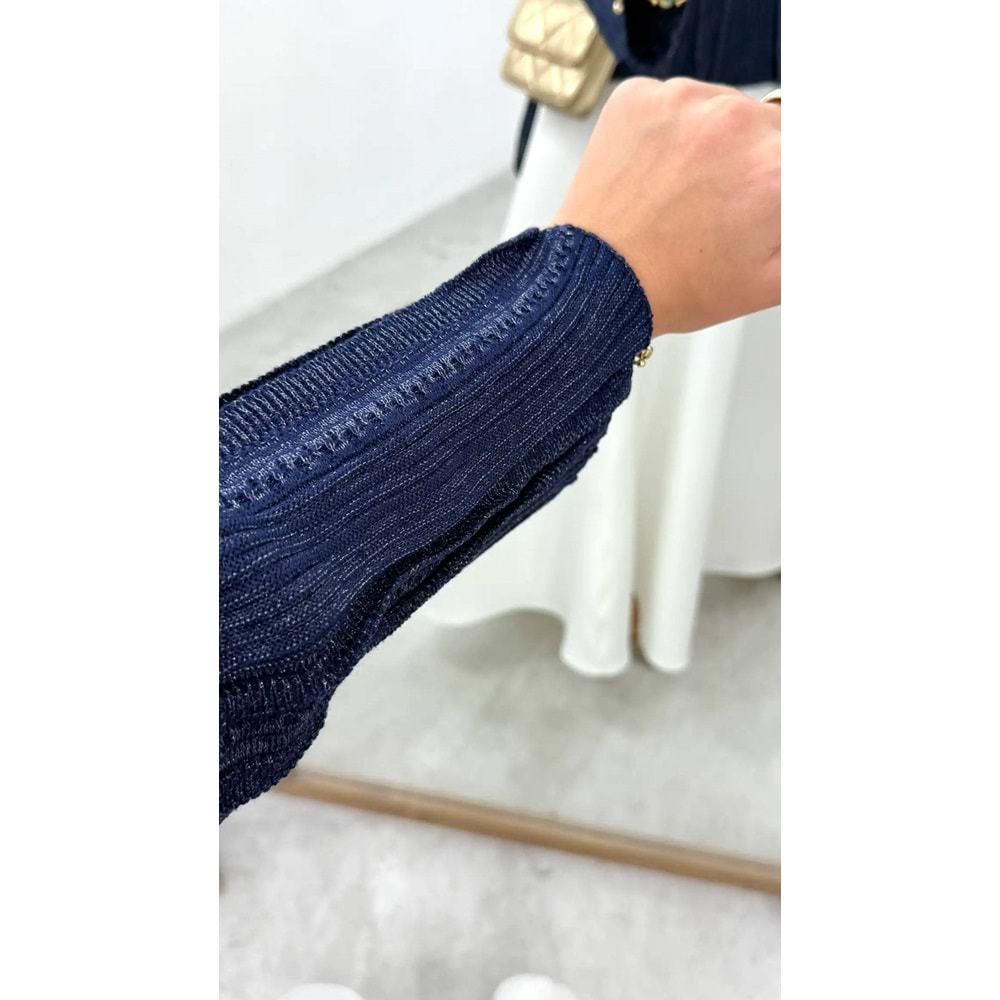 Simli Gold Düğmeli Triko Lacivert Hırka