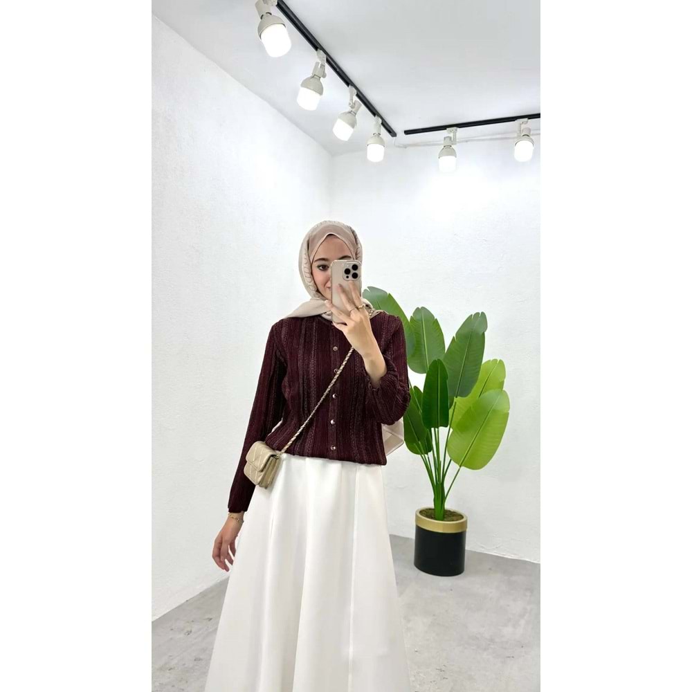 Simli Gold Düğmeli Triko Mürdüm Hırka