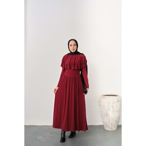 Omuz Fırfır Detay Sandy Bordo Elbise 40-42 Beden