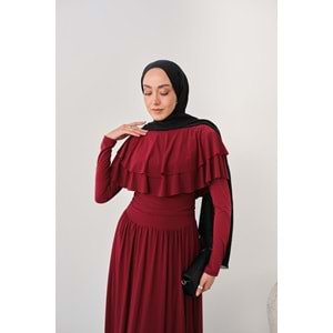 Omuz Fırfır Detay Sandy Bordo Elbise 40-42 Beden