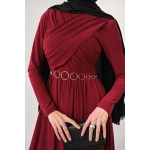 Gold Kemerli Pile Detay Bordo Sandy Elbise 40-42 Beden