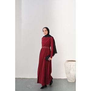 Gold Kemerli Pile Detay Bordo Sandy Elbise 40-42 Beden