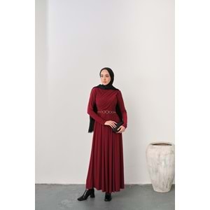 Gold Kemerli Pile Detay Bordo Sandy Elbise 40-42 Beden