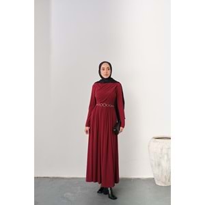 Gold Kemerli Pile Detay Bordo Sandy Elbise 36-38 Beden