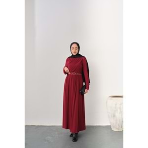 Gold Kemerli Pile Detay Bordo Sandy Elbise 36-38 Beden