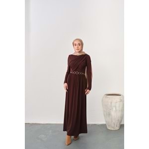 Gold Kemerli Pile Detay Kahverengi Sandy Elbise 36-38 Beden