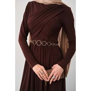 Gold Kemerli Pile Detay Kahverengi Sandy Elbise 36-38 Beden