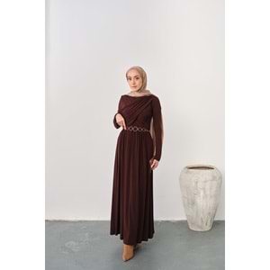 Gold Kemerli Pile Detay Kahverengi Sandy Elbise 36-38 Beden