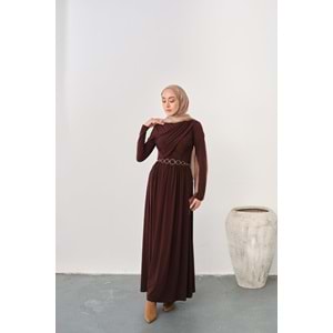 Gold Kemerli Pile Detay Kahverengi Sandy Elbise 36-38 Beden