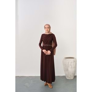 Gold Kemerli Pile Detay Kahverengi Sandy Elbise 36-38 Beden