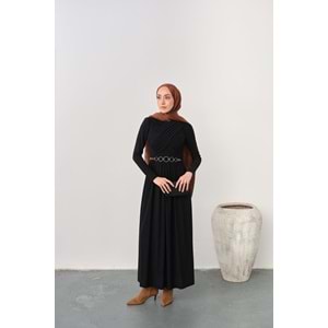 Gold Kemerli Pile Detay Siyah Sandy Elbise 38-40 Beden