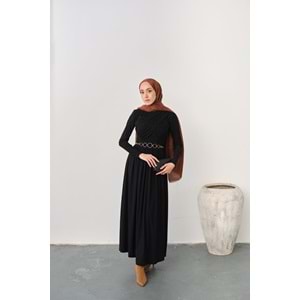 Gold Kemerli Pile Detay Siyah Sandy Elbise 38-40 Beden