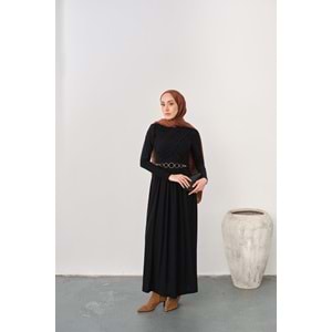 Gold Kemerli Pile Detay Siyah Sandy Elbise 38-40 Beden