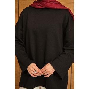 Bisiklet Yaka Polarlı Siyah Kadın Sweatshrit