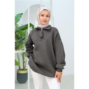 Yarım Fermuar Detay Füme Şardonlu Üç İplik Kadın Sweat (36-38-40) Beden
