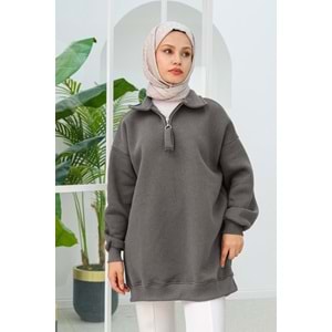 Yarım Fermuar Detay Füme Şardonlu Üç İplik Kadın Sweat (36-38-40) Beden