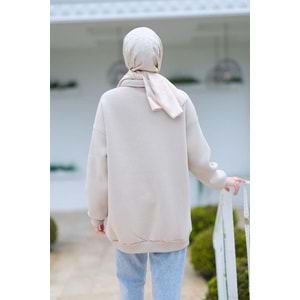 Yarım Fermuar Detay Krem Şardonlu Üç İplik Kadın Sweat (42-44-46) Beden