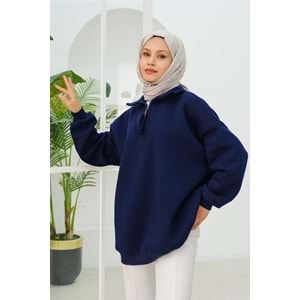 Yarım Fermuar Detay Lacivert Şardonlu Üç İplik Kadın Sweat (42-44-46) Beden