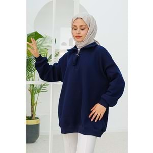 Yarım Fermuar Detay Lacivert Şardonlu Üç İplik Kadın Sweat (42-44-46) Beden