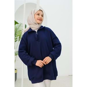 Yarım Fermuar Detay Lacivert Şardonlu Üç İplik Kadın Sweat (42-44-46) Beden