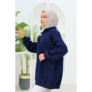 Yarım Fermuar Detay Lacivert Şardonlu Üç İplik Kadın Sweat (42-44-46) Beden