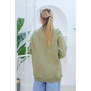 Çift Omuz Detaylı Polarlı Yeşil Kadın Sweat (40, 42, 44 Beden)
