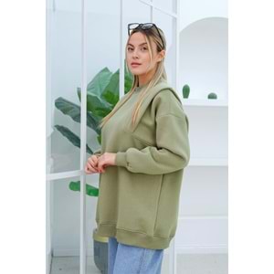 Çift Omuz Detaylı Polarlı Yeşil Kadın Sweat (40, 42, 44 Beden)