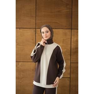 Çift Renk Fermuar Detay Scuba Kahverengi Takım 36-38 Beden