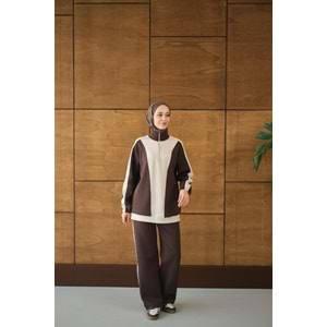 Çift Renk Fermuar Detay Scuba Kahverengi Takım 36-38 Beden