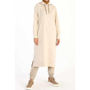 Allday Taş Leopar Bağcıklı Kapüşonlu Rahat Örme Tunik 36 Beden