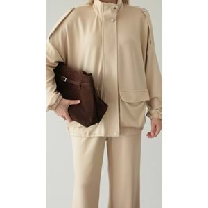 L/XL Bej Takım Büyük Beden | Cepli Fermuarlı Modal