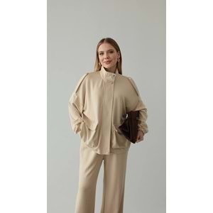L/XL Bej Takım Büyük Beden | Cepli Fermuarlı Modal