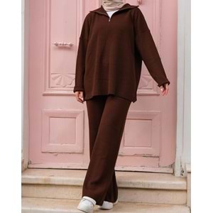 Fermuarlı Kadın Kahverengi Triko Takım