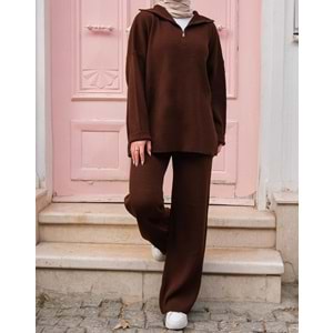 Fermuarlı Kadın Kahverengi Triko Takım