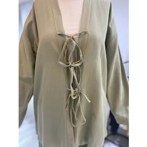 Üç Bağlama Keten Haki Kimono L-XL Beden