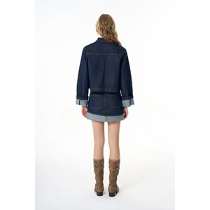 Quzu Kadın Crop Düğmeli Cepli Jean Ceket Mavi S Beden