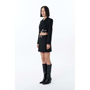 QUZU Çift Pileli Siyah Kemerli Mini Short Etek M Beden