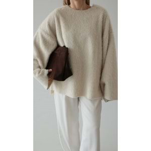 Tüylü Dokuma Bej Kadın Kazak