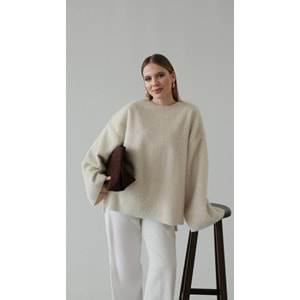 Tüylü Dokuma Bej Kadın Kazak