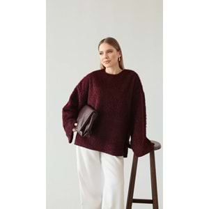 Tüylü Dokuma Bordo Kadın Kazak