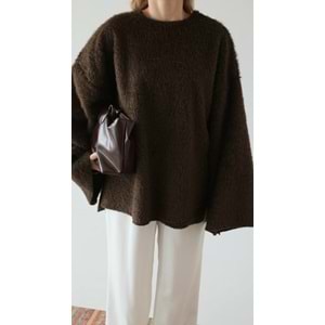 Tüylü Dokuma Kahverengi Kadın Kazak