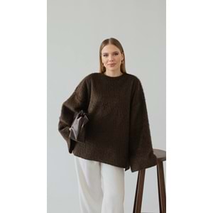 Tüylü Dokuma Kahverengi Kadın Kazak